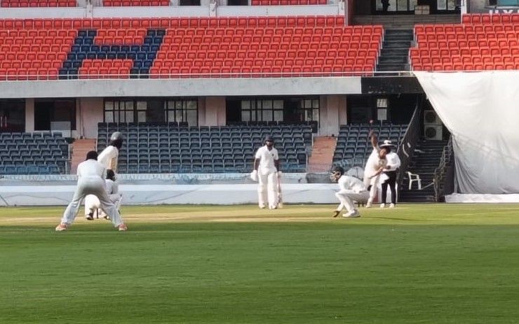 Players in action during the semi final match between Nagaland and Hyderabad at Rajiv Gandhi International Stadium, Hyderabad on February.